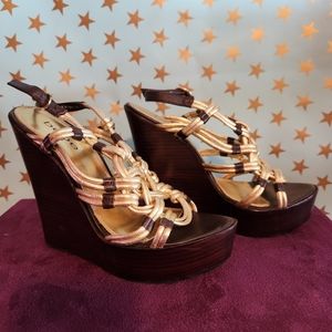 Gold cord and wood wedge sandles